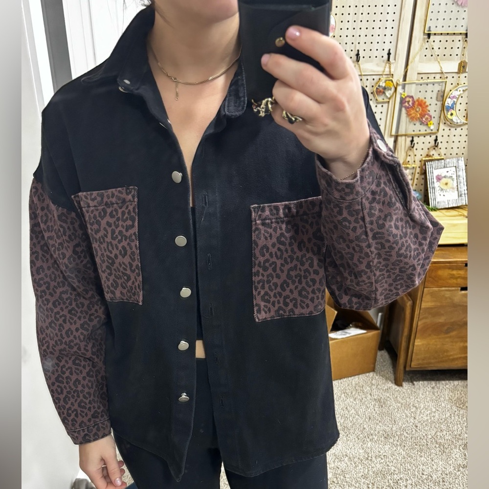 Oversized Black and brown leopard print denim jacket